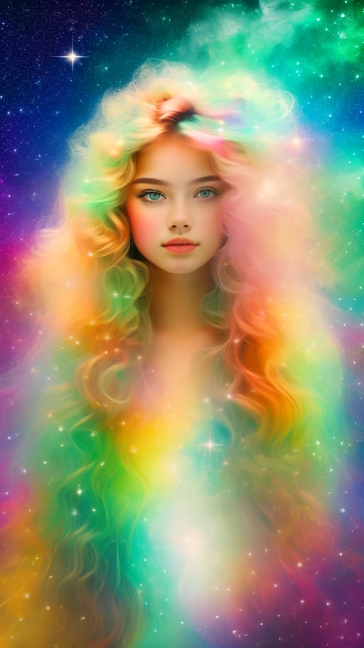  an atmospheric oil picture with a hyperreal portrait of a mesmerizingly beautiful celestial girl in a rainbow scale of pale pastel tones with huge watery green eyes, colors of sorrow and crystal structures, photo real stars of the pastel tones galaxy