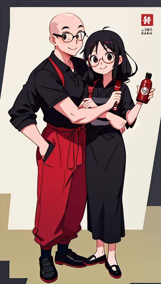  happy vietnamese bald man with glasses black frame rectangular wearing a red polo and black apron. his younger sister wears no glasses wears a kimono long black hair and a white belt jiu jitsu . both standing in a vendor holding bottle of hot chili sauce no huggs, (anime:1.15), HQ, Hightly detailed, 4k