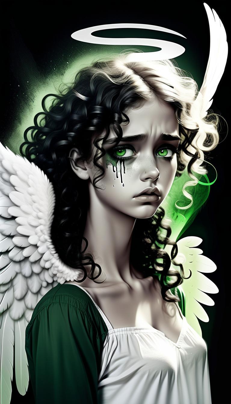  1) a very sad angel in tears, 2) one wing white, the other black, open 3) curly hair, the right half of the hair on the head is white, the left half of the hair on the head is black. 4) angel takes off (5) black and white art 6) green eyes remaining black and white (7) in wounds