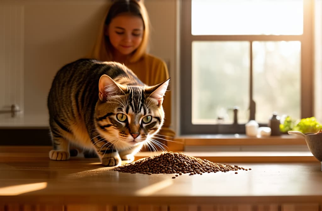  cinematic film style, girl feeding cat dry food, modern kitchen, soft light ar 3:2, shallow depth of field, vignette, maximum details, high budget hollywood movie, bokeh, cinemascope, moody, epic, gorgeous, sun rays and shadows on furniture and surfaces, flattering light, raw photo, photography, photorealistic, 8k resolution, f1.4, sharpened focus, sharp focus