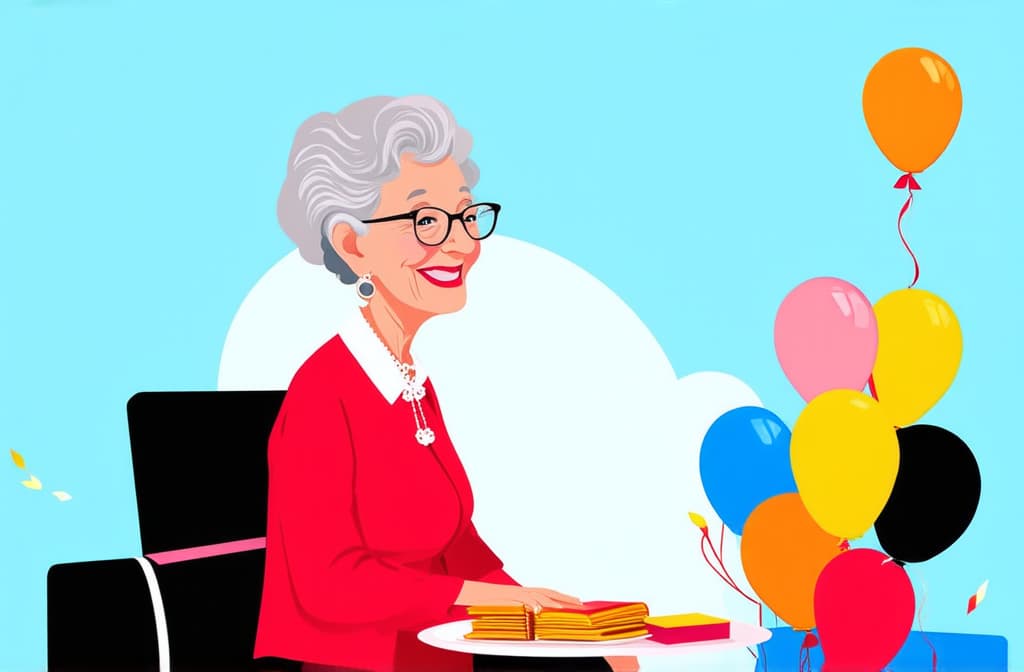  flat illustration, flaticon, (illustration:1.15), happy grandma in elegant clothes, balloons around, light background. birthday party ar 3:2, [cory loftis, strobist, pascal campion :: 0.2]