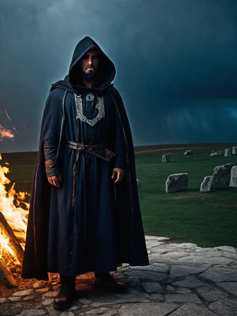  Pagan warlock, facing viewer, wearing a hooded cloak, his face hardened, eyes cold, a scar runs down the left side of his face; standing at an alter, conjuring a fire elemental from within Stonehenge during a thunder and lightning storm