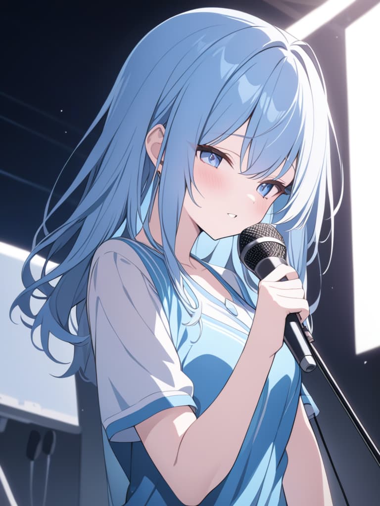  light blue hair, light blue, bob hair, microphone, live, masterpiece, best quality,8k,ultra detailed,high resolution,an extremely delicate and beautiful,hyper detail