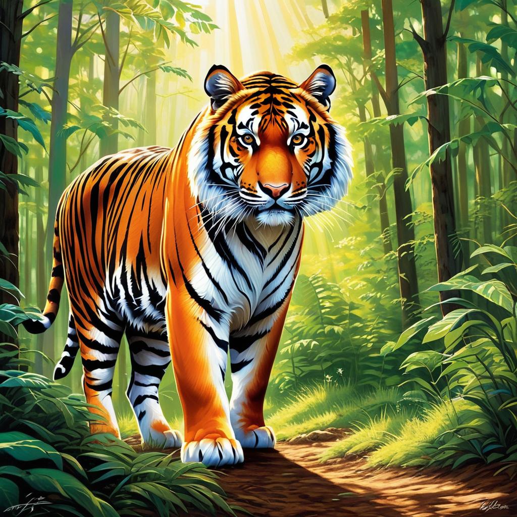  there was a tiger and a pig and a horse in a picture of a forest with sunlight。, award winning, professional, highly detailed, masterpiece