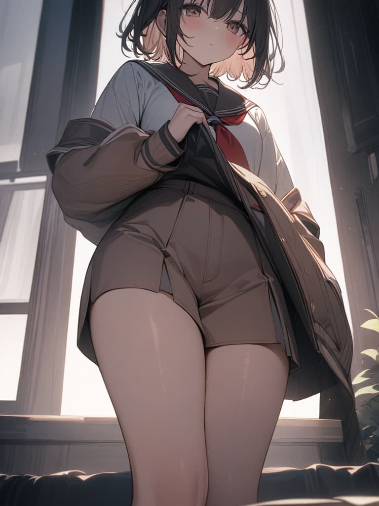  a japanese woman with a big that is so cute, the uniform is so big, a brown sailor suit, removing the first on, wearing it, the shape of the has clearly appeared., masterpiece, best quality,8k,ultra detailed,high resolution,an extremely delicate and beautiful,hyper detail