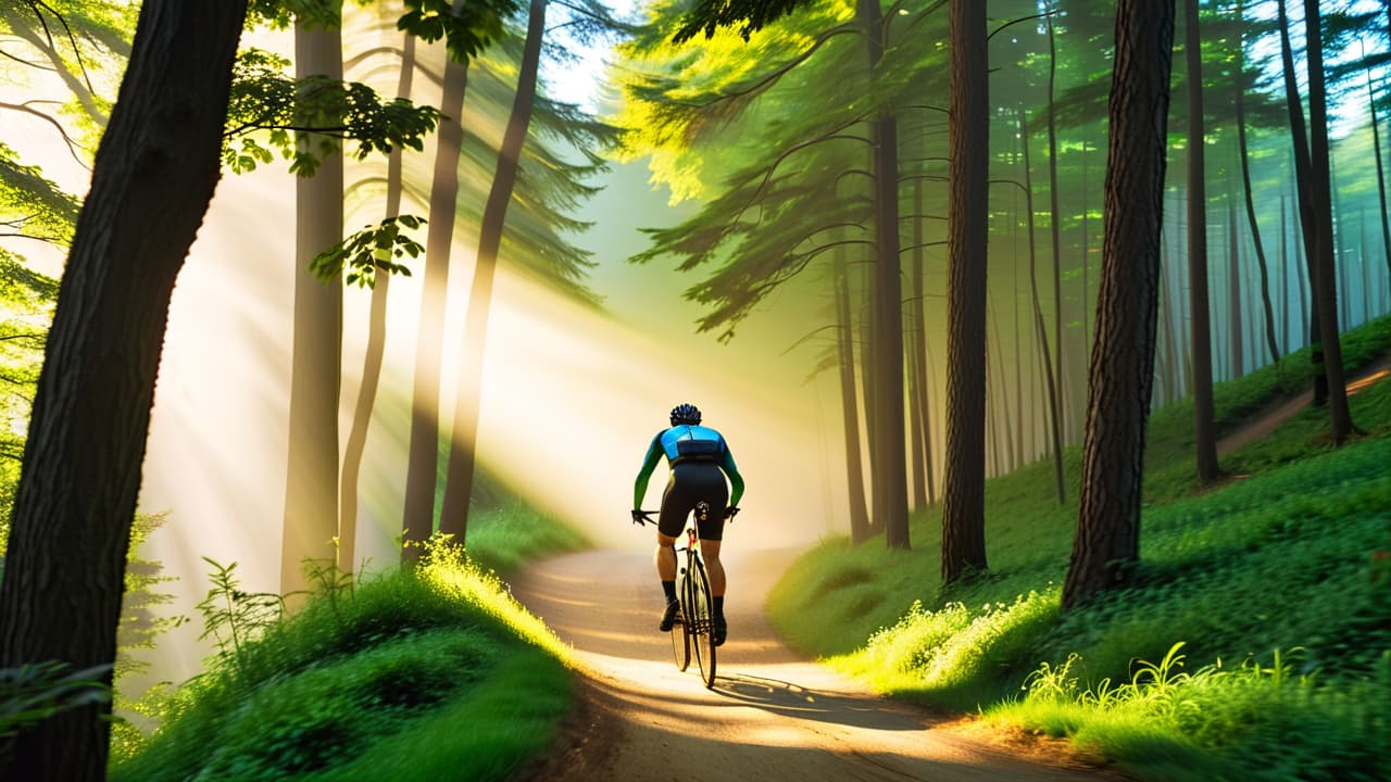  a scenic mountain biking trail winding through lush green forests, with a cyclist pedaling vigorously uphill. sunlight filters through the trees, casting dappled shadows on the path, showcasing a determined expression on the rider's face. hyperrealistic, full body, detailed clothing, highly detailed, cinematic lighting, stunningly beautiful, intricate, sharp focus, f/1. 8, 85mm, (centered image composition), (professionally color graded), ((bright soft diffused light)), volumetric fog, trending on instagram, trending on tumblr, HDR 4K, 8K