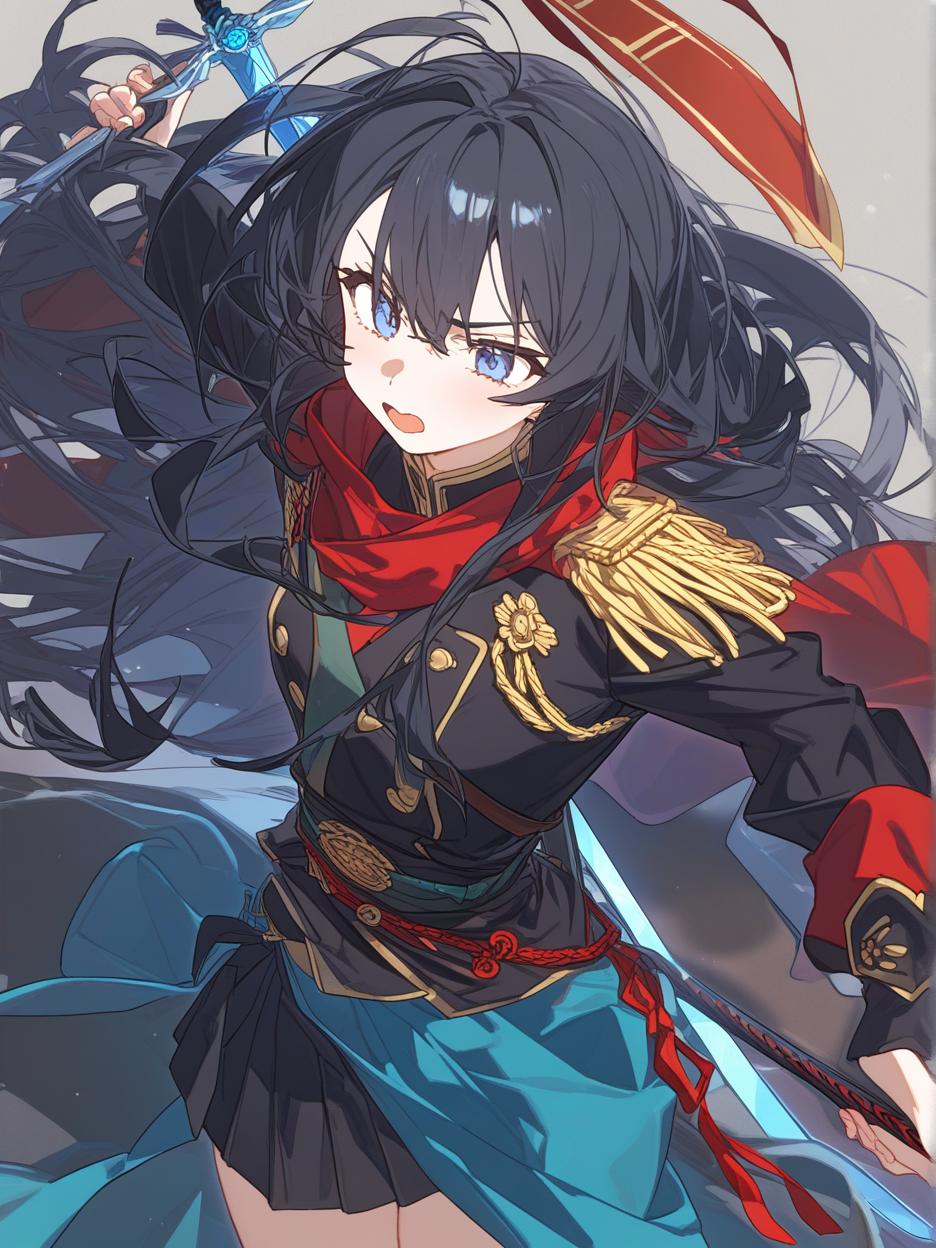  oda nobunaga from fate. her outfit that looks like a military uniform is something she prepared as a hobby when she was drafted as a servant. with a black hat with red details. gold details on his military outfit, red uniform. she has light blue eyes, silver and cyan blue hair, very long. menacing sword, larger and sharper sword. menacing expression, hunter's eyes. details, 8k. . best quality, high resolution