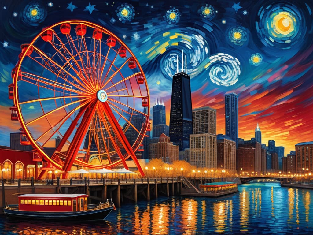  concept art chicago’s centennial ferris wheel, chicago’s navy pier, chicago skyline with prominent towers like willis, hancock, crains communication (slice building) with colorful van gogh swirls in the sky, van gogh's starry starry night with colorful red and orange swirls in the beautiful night sky, hyper realistic, chicago skyline, mesmerizing, intricate details, flambient golden and red sunrise, dramatic lighting, epic composition, wide angle, cinematic, masterpiece, high resolution, sharp details, best quality, 4k, raw photo, van gogh influence, studio lighting, impressionist, bold colors, starry sky, architectural elements, medium format lens, high angle, cityscape, city life, metropolitan, van gogh's brushstrokes, van gogh's shad