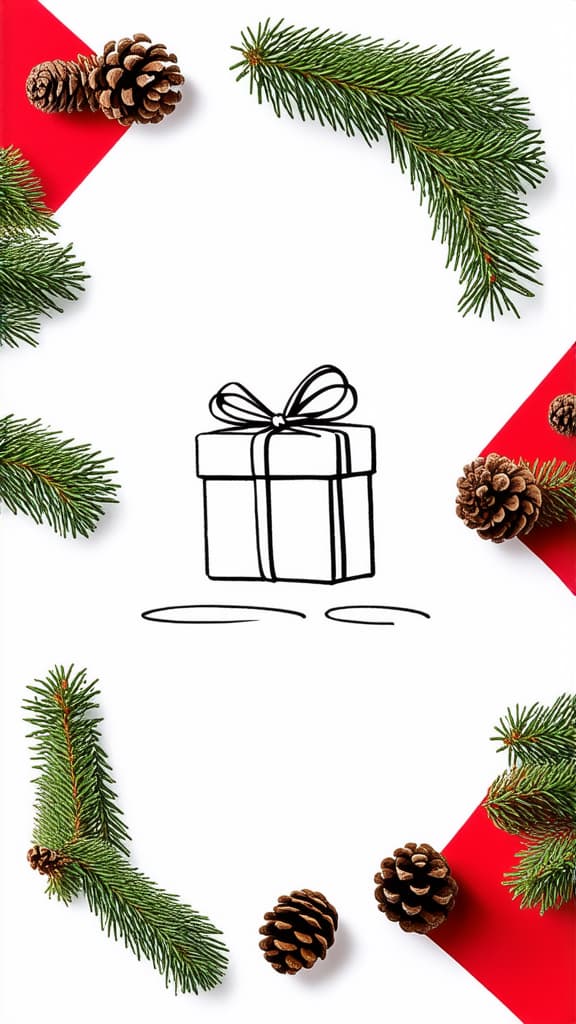  contour, very simple image in one unbroken black ink line, single line of on a red background, gifts with spruce branches and cones lie around the edges ar 9:16 using a single continuous black line ink brushon white background, drawing should be created without lifting the pen, recognizable features of on a red background, gifts with spruce branches and cones lie around the edges ar 9:16 in one unbroken line