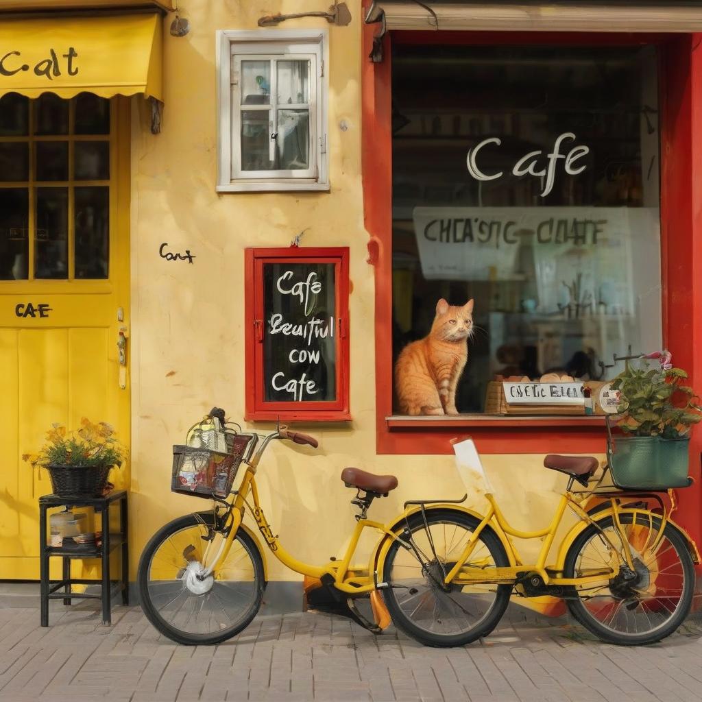  sunny city, evening, window with the inscription of a cafe, at the window there is a beautiful bicycle, next to the yellow door, behind the window on the stool sits a shaggy red cat