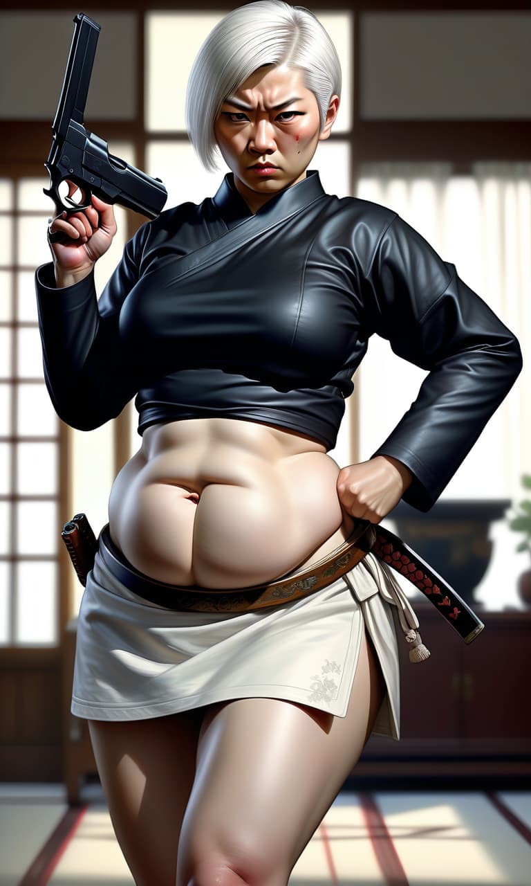  hyperrealistic art in full growth, beautiful , the ancestor of the samurai, killer, heavy and fat, like a woman, in dress, with pistol, white short hair, tight fitting clothes on the stomach, in a fighting position, concept art, ilrative, in color, digital artwork, highly detailed. . extremely high resolution details, photographic, realism pushed to extreme, fine texture, incredibly lifelike