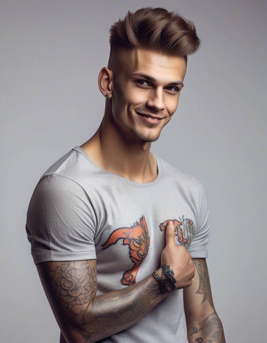  a daring, charismatic young man with a cunning grin, a stern face, high cheekbones, brown eyes and thick hair, looks cunningly with a squint, in tattoos, european appearance, light skin, dressed in a t shirt with open shoulders and sports pants, one hand stretch forward and palm open, photo, realism, a living person, a real person,