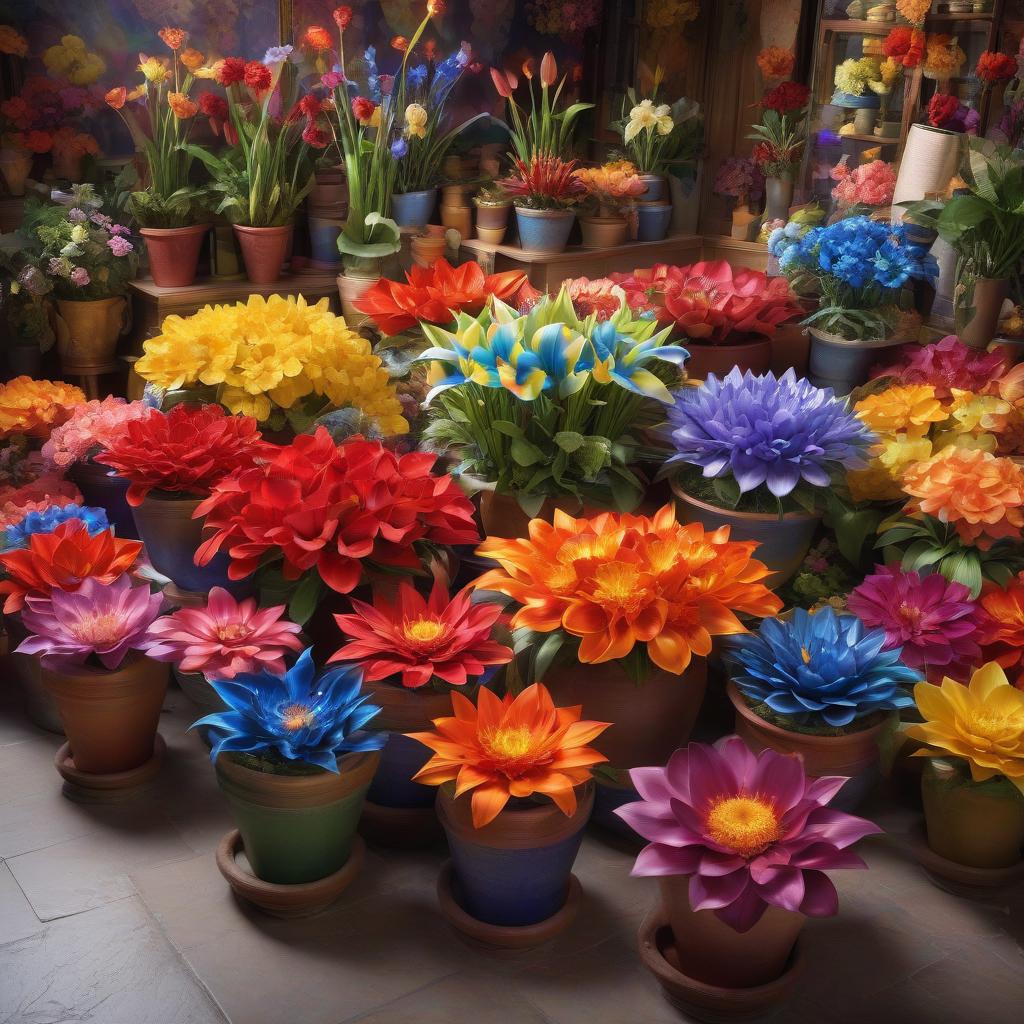  flower shop. exotic flowers with pointed multicolored petals in pots and on the floor. flower sevenflower: petals red, orange, yellow, green, blue, blue, purple. fantasy, hkmagic