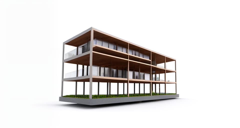 mdjrny-v4 style architectural, high quality, exterior perspective, 3 story mixed wood and steel office building, building floating at sea