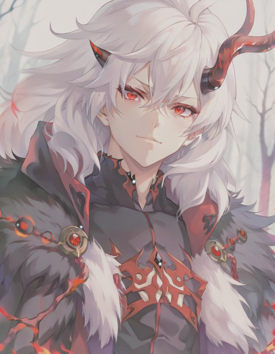  anime artwork man demon, white skin. red eyes, white hair, red horns, black fur coat, dense forest in the background . anime style, key visual, vibrant, studio anime, highly detailed