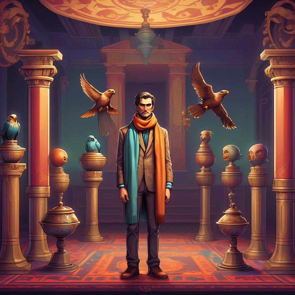  retro game art the humanized guy with the head of a hawk raised a scarf over his head, looks directly in front of him, in front of him five pedestals with bowls on each, behind a chamber room in muffled tones . 16 bit, vibrant colors, pixelated, nostalgic, charming, fun