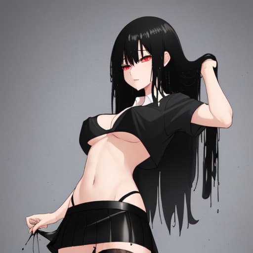  Long black hair, extremely short, wet skirt, black bra