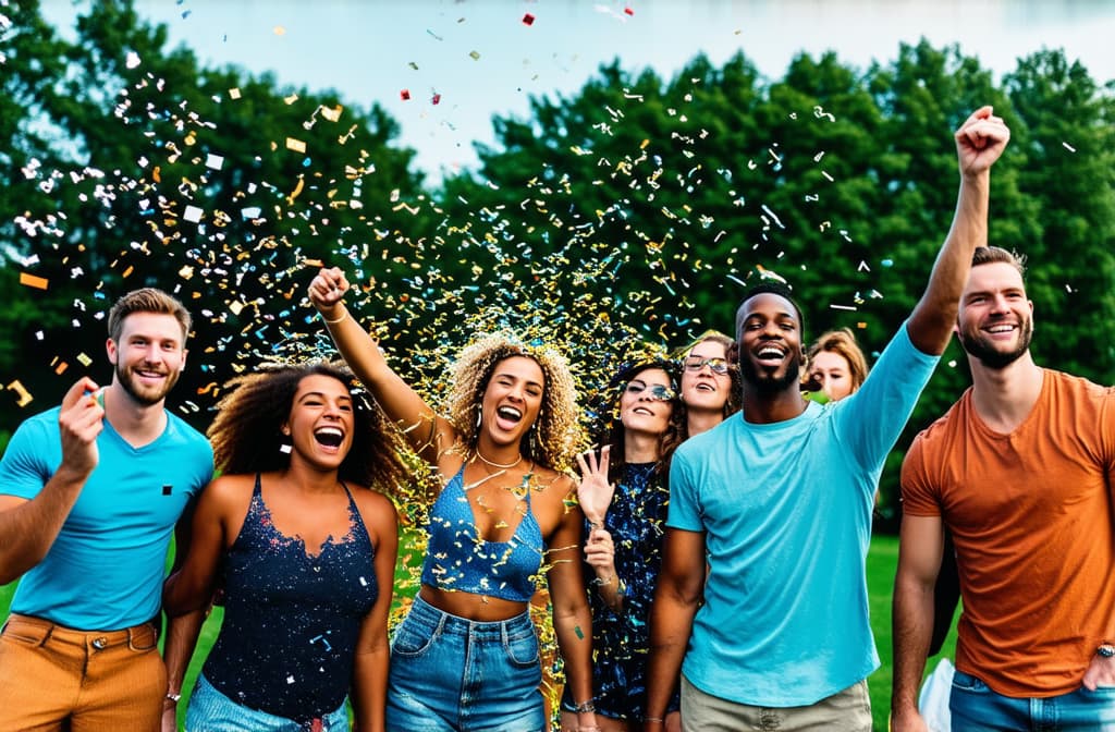  professional detailed photography, group of friends having fun at summer party throwing confetti in the air, young multiracial hipsters having fun on weekend outdoors ar 3:2, (muted colors, dim colors, soothing tones), (vsco:0.3)