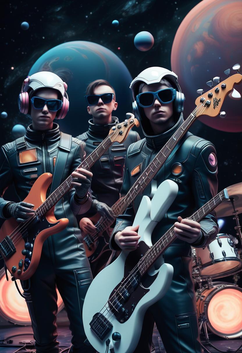  against the background of planets and space, three musicians bassist, guitarist, drummer, in space costumes, cyberpunk style