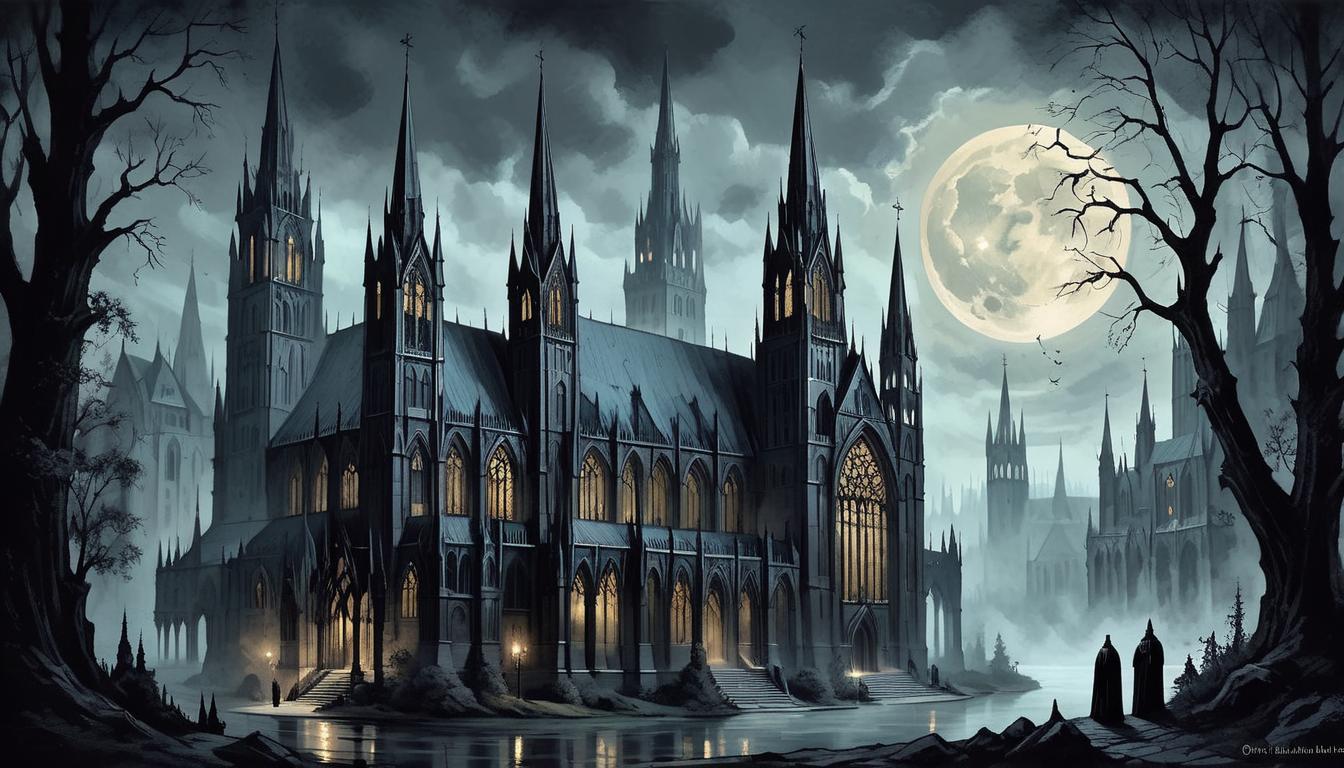  on parchment, surrealism+++, gothic cathedral with towering spires, dark and imposing, illuminated by a pale moonlight, intricate stone work, shadows cast by the spires, sense of grandeur and permanence(mysterious, provocative, symbolic,muted color)+++