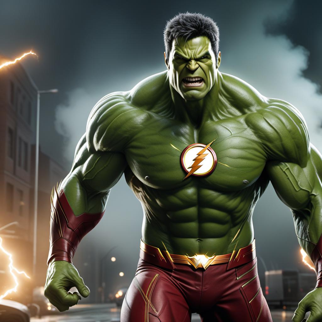  A highly detailed comic-style character design combining Hulk and the Flash. The character should mix Hulk's immense strength and muscular physique with the Flash's speed powers and suit elements. Integrate features such as Hulk's green skin and size with the Flash's lightning motifs and streamlined suit design. The character should be in a dynamic action-oriented pose, showcasing both Hulk's raw power and the Flash's super speed. hyperrealistic, full body, detailed clothing, highly detailed, cinematic lighting, stunningly beautiful, intricate, sharp focus, f/1. 8, 85mm, (centered image composition), (professionally color graded), ((bright soft diffused light)), volumetric fog, trending on instagram, trending on tumblr, HDR 4K, 8K