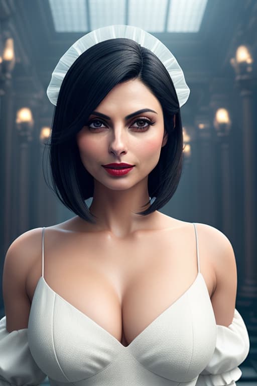  score 9, score 8 up, score 7 up, best quality, masterpiece,realistic, morena baccarin, solo, yorha no. 2 type b, puffy sleeves, dress, short hair, white hair, black dress, dark make up, breasts, deep cleavage, long sleeves, parted lips, clothing cutout, small breasts, braless, covered eyes, mole under mouth, mole, lips, carmin red lips, belly buttton, nipples, nose, facing viewer, hair over eyes, teeth, hôtel crillon restaurant hyperrealistic, full body, detailed clothing, highly detailed, cinematic lighting, stunningly beautiful, intricate, sharp focus, f/1. 8, 85mm, (centered image composition), (professionally color graded), ((bright soft diffused light)), volumetric fog, trending on instagram, trending on tumblr, HDR 4K, 8K