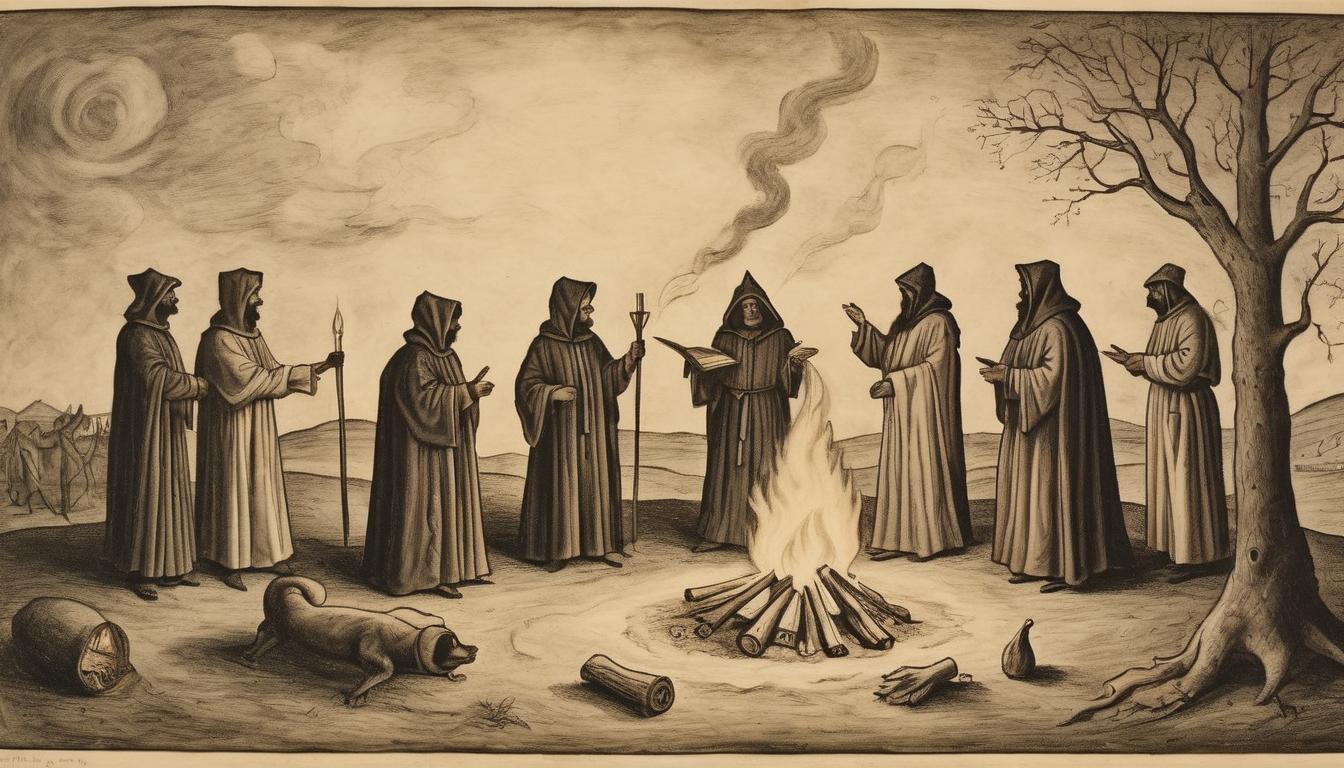  on parchment, surrealism++, a gathering of robed figures around a bonfire, unity, warmth, shared purpose(mysterious, provocative, symbolic)++