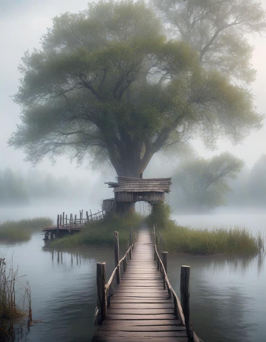  a wooden bridge that leads to a small island in the river. on the island stands a old house in slavic style, a couple of trees next to it, a half submerged boat near the bridge. fog rises around, a white haze around, like a veil separating from another world, style by lovecraft, meticulous, intricate, entangled, intricately detailed