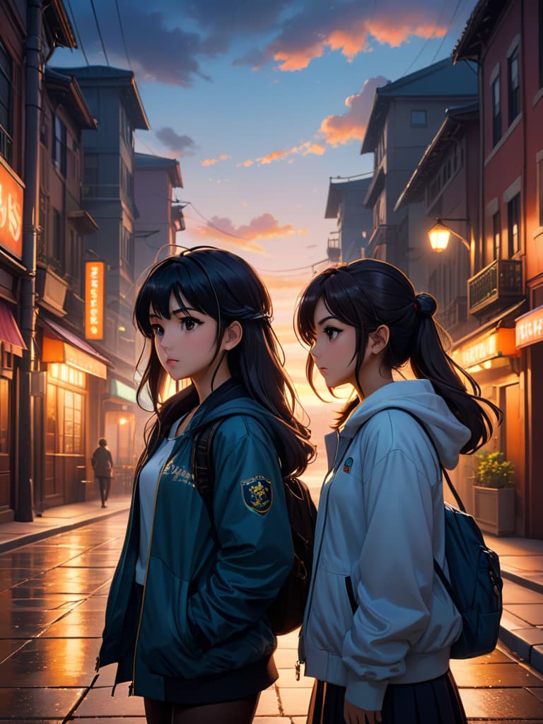  two girls, standing back to back, one looking down anxiously, angry, the other gazing up gratefully, happy, quiet city park at dusk, glowing streetlights, soft breeze, warm sunset hues, detailed expressive faces, realistic, dynamic lighting, contemplative mood, highly detailed, beautiful texture, subtle wind, nikon d850, rich colors, lifelike texture, cinematic atmosphere, artstation trending, anime artwork, anime style, key visual, vibrant, studio anime, highly detailed