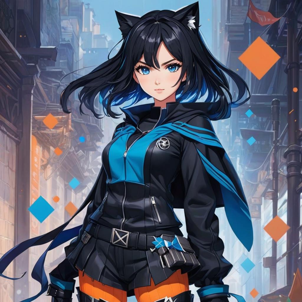  a from with black hair and dark blue eyes with her hero costume that’s black and dark orange and her clothes are on with black small boots and scratches on her with her, anime artwork, anime style, key visual, vint, studio anime, highly detailed