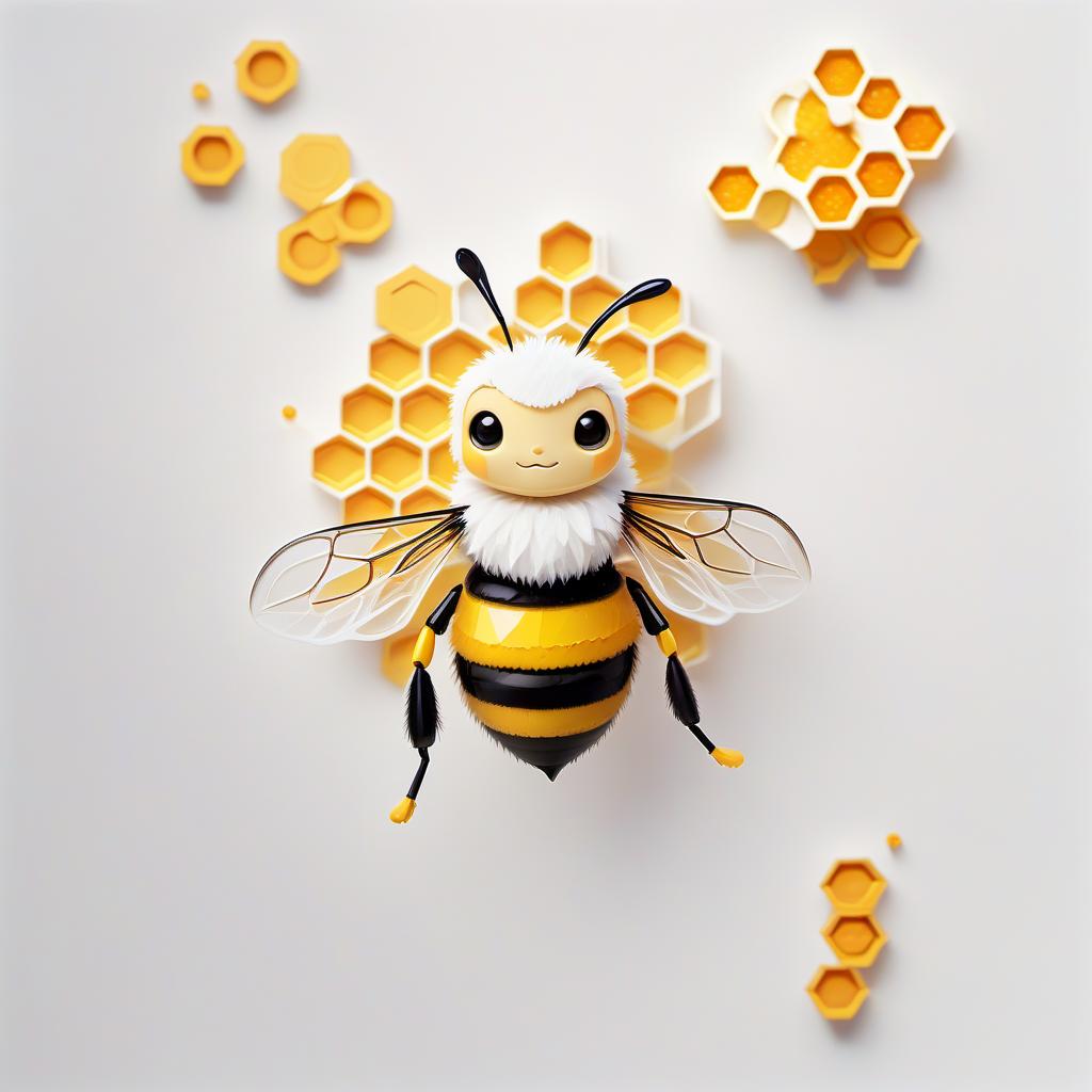  low poly style cute fluffy bee sitting on honeycomb, white background . low poly game art, polygon mesh, jagged, blocky, wireframe edges, centered composition, sticker