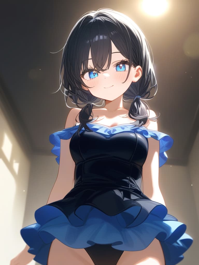  cute face focus,cute,black hair,light blue eyes,cute posing,frill onepiece,low twin tail