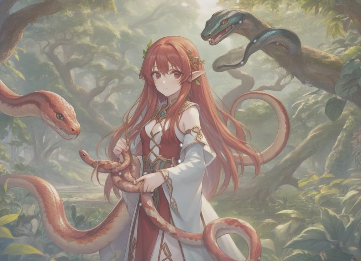  anime artwork girl with long red hair in elven clothes in the garden of eden with a snake . anime style, key visual, vibrant, studio anime, highly detailed