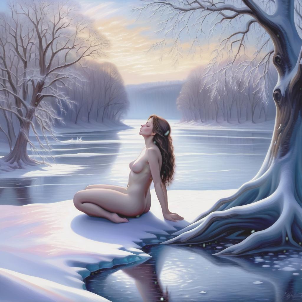  dreamscape oil painted a naked woman kneeling in front of trees by the frozen river . surreal, ethereal, dreamy, mysterious, fantasy, highly detailed, perfect hands