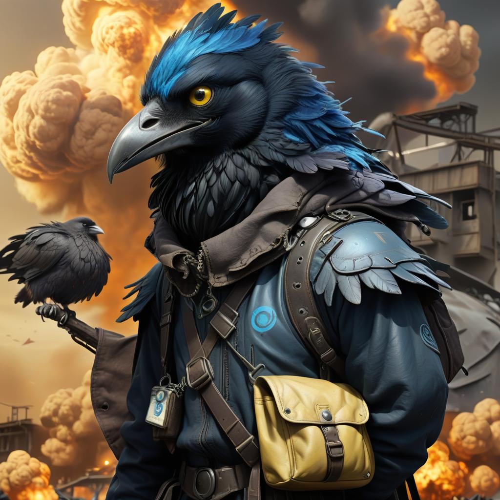  dystopian style black with blue tint avian humanoid race with raven head alchemist, ruffled feathers, mischievous yellow eyes, smiling, rags and leather cloak with lots of pockets, big backpack with pockets, nuclear explosions and detonation blasts . bleak, post apocalyptic, somber, dramatic, highly detailed, civitai