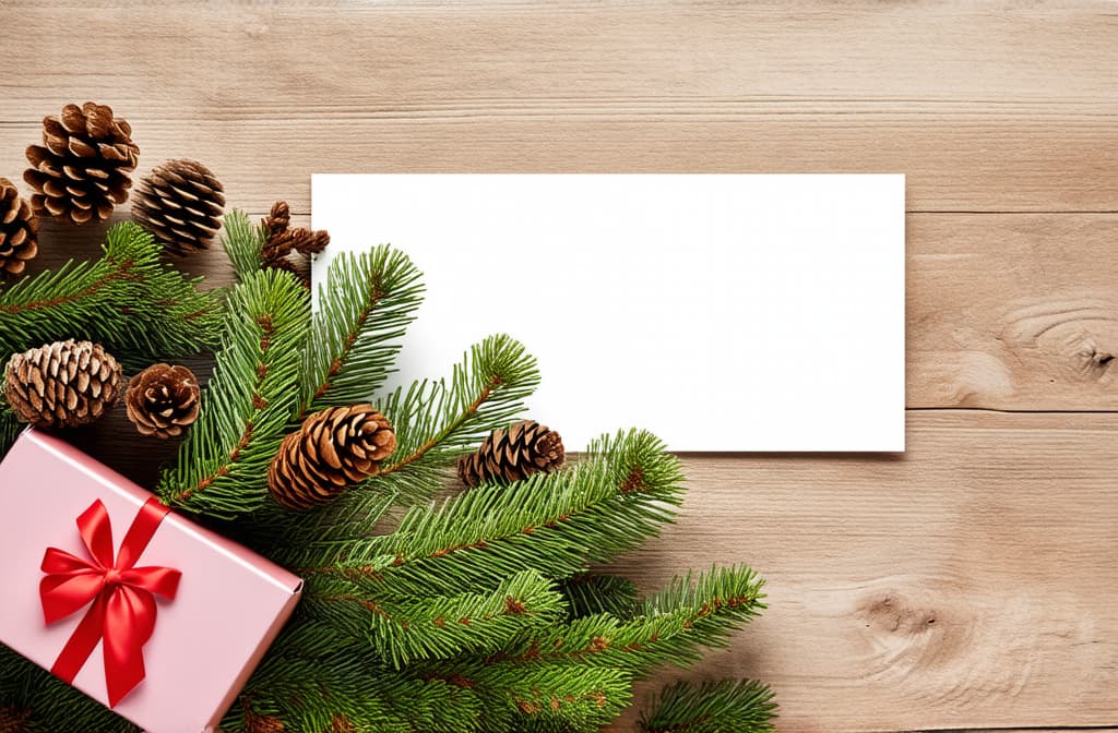  professional detailed photography, banner with space for inscription. in the right corner is a soft pink gift box decorated with fir branches and cones. ar 3:2, (muted colors, dim colors, soothing tones), (vsco:0.3)