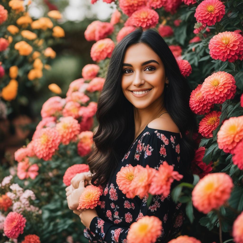  masterpiece, best quality, A young woman with striking brown eyes and black hair, dressed in casual jeans and a black top, standing in a vibrant flower garden surrounded by colorful blooms. The sunlight filters through the leaves, casting a warm glow on her features, creating a serene and peaceful atmosphere. (Photography, natural light, Canon EOS 5D Mark IV, f/2.8, ISO 100, 50mm lens)