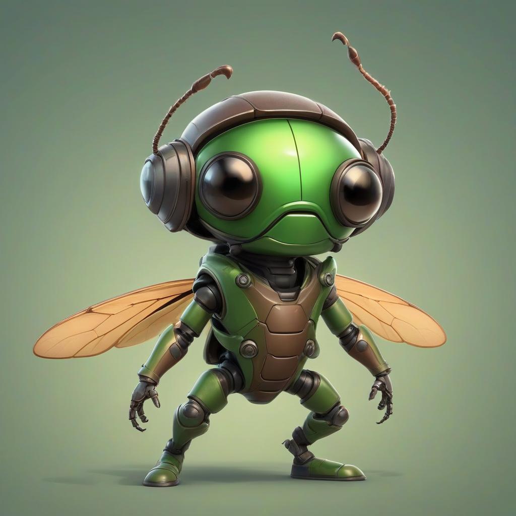  cute cartoon insect beetle character with a green body, big expressive eyes and a smile on his lips. on his head he has a huge brown helmet with goggles, giving him an adventurous look. the insect beetle stands confidently holding a blaster, he has graceful wings and long tendrils. the background is simple and bright inside the starship to emphasize the charm of the funny character with the weapon.