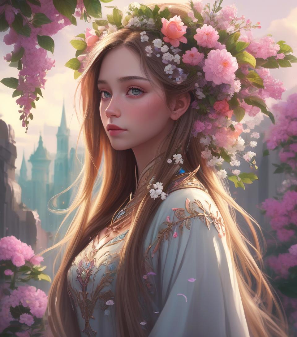  concept art a girl with long hair and flowers in her hair, beautiful character painting, beautiful digital art, beautiful digital artwork, beautiful digital illustration, gorgeous digital art, beautiful digital painting, beautiful fantasy art portrait, fantasy art style, exquisite digital illustration, beautiful gorgeous digital art, gorgeous digital painting, very beautiful digital art, rossdraws digital painting, extremely detailed artgerm . digital artwork, illustrative, painterly, matte painting, highly detailed