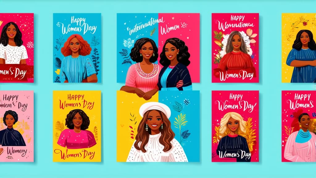  happy international women's day. march 8th. different races and nationalities. hand drawn vector illustrations. set of cards and seamless pattern ar 16:9 {prompt}, maximum details