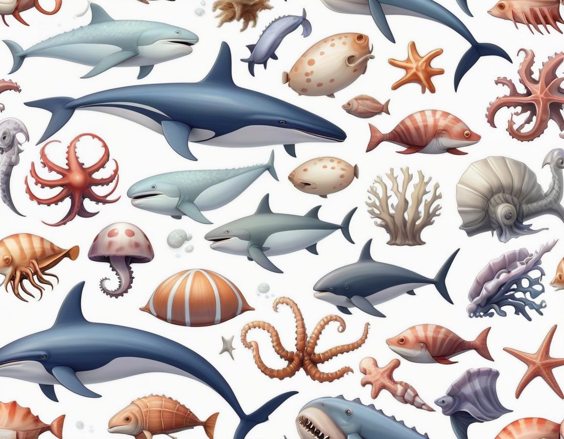  sea creatures. white background.