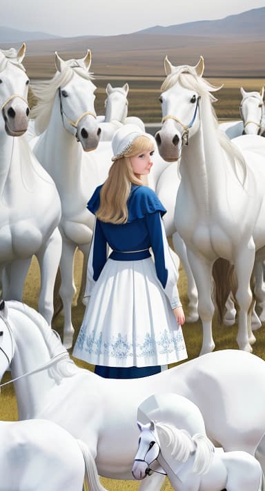  masterpiece, best quality, a woman standing in a large group of white horses with a woman in the middle of the group looking at the camera, anka zhuravleva, magical realism, promotional image, a storybook illustrationcontentment