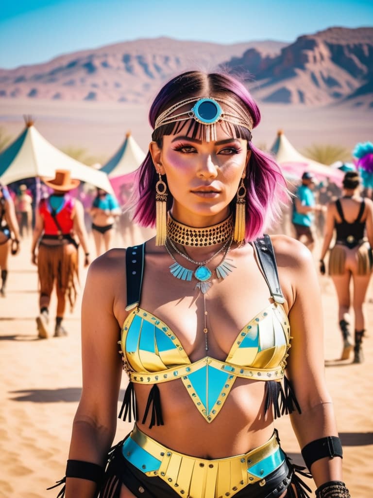  A medium, photo of a female influencer on the desert festival, dressed in a revealing rave outfit, decorated with fringe, bright outfit, steampunk style, daytime, desert background, sharp focus, cinematic, hd