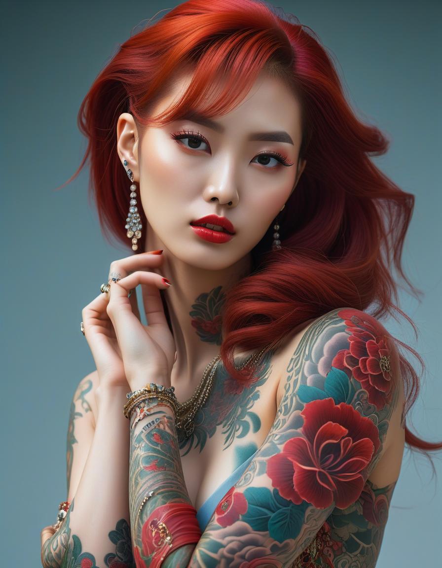  psychedelic style informal korean young , full body, show a with legs, standing , white skin, perfect skin, распущенные волосы,long red hair, red hair, delicate face, full body, slender legs, high heeled ylons, leg tattoos, round heads, fox red ears on her head, build, delicate facial features, tattoo on her face, a lot of piercings on her face, , , gloss , tattoos on her arms, tattoos on her , piercing, informal style, extreme detailing, 8k, realistic, hyperrealisme, masterpiece, digital photo, . vint colors, swirling patterns, abstract forms, surreal, trippy, perfecteyes hyperrealistic, full body, detailed clothing, highly detailed, cinematic lighting, stunningly beautiful, intricate, sharp focus, f/1. 8, 85mm, (centered image composition), (professionally color graded), ((bright soft diffused light)), volumetric fog, trending on instagram, trending on tumblr, HDR 4K, 8K