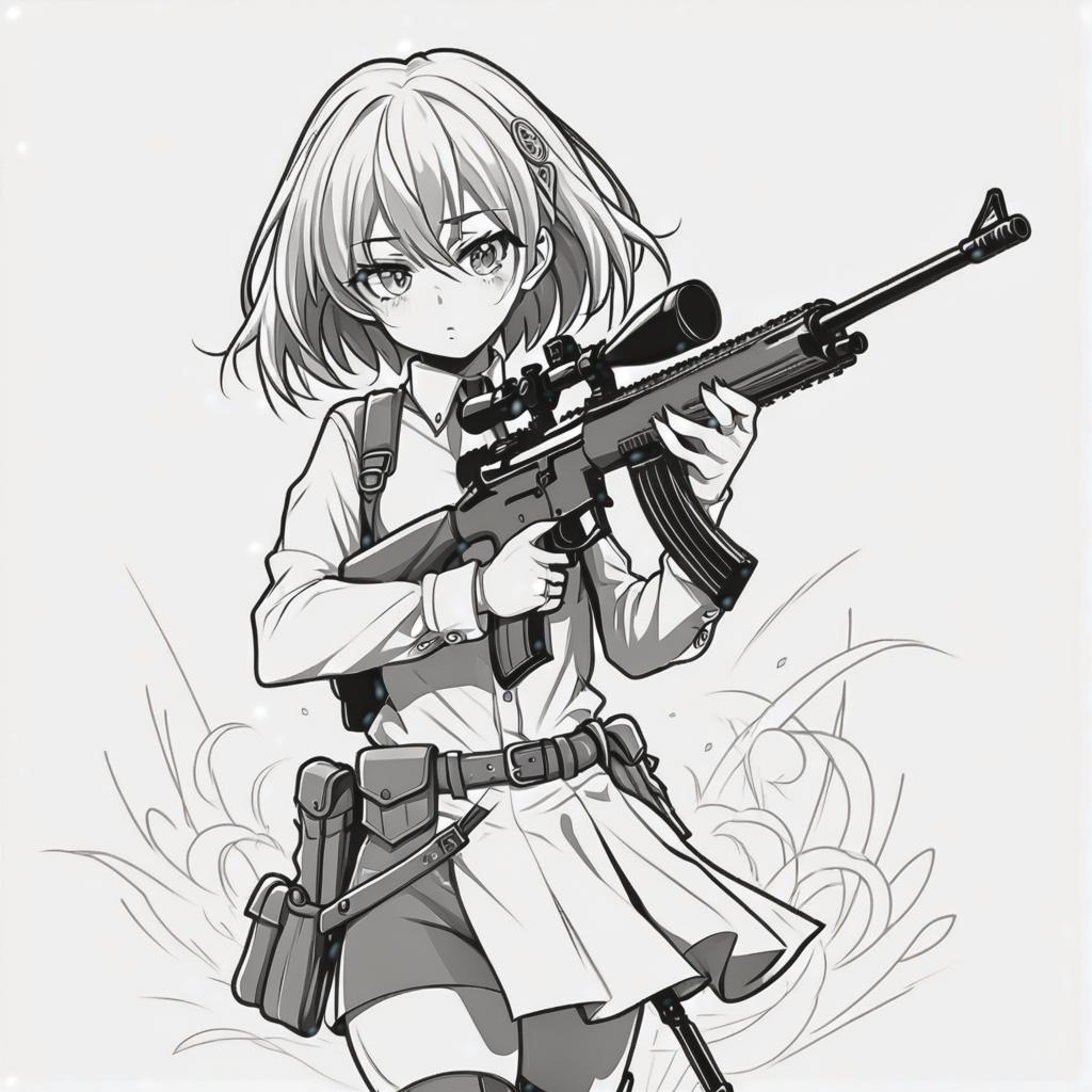  line art drawing irish girl with rifle, battle stance, same nightmare. anime style . professional, sleek, modern, minimalist, graphic, line art, vector graphics