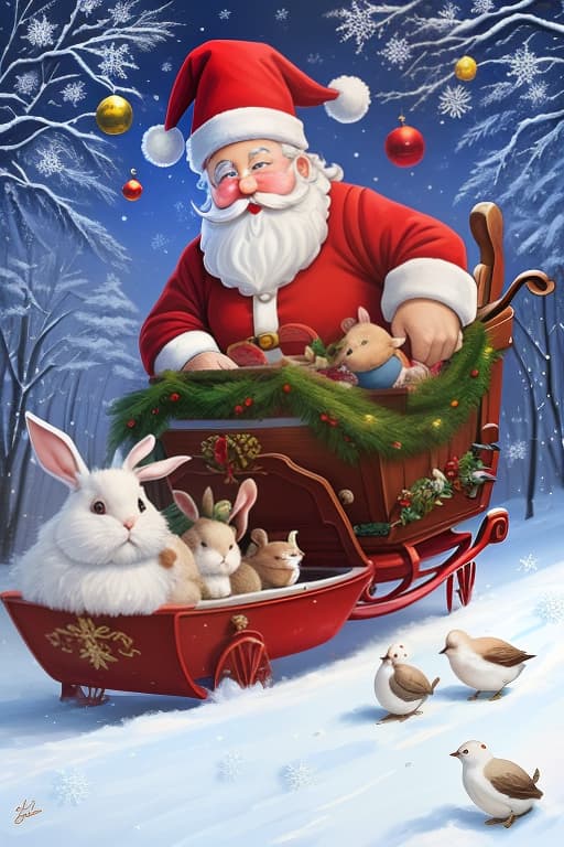  depict a cartoon santa claus and a rabbit in a sleigh, surrounded by three birds and snowflakes. the style of the painting is playful and colorful, with exaggerated facial features for expressiveness. the painting conveys a festive, joyful atmosphere, perfect for the vacation season