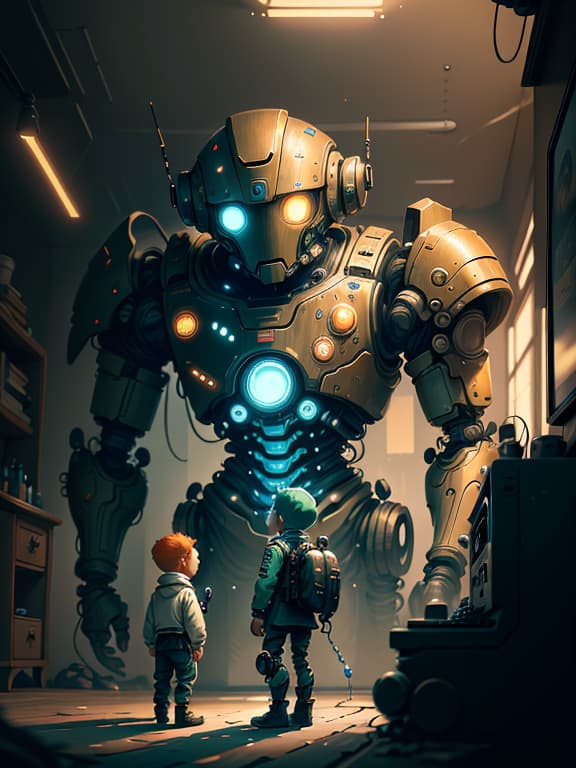  master piece, best quality, ultra detailed, highres, 4k.8k, A old humanoid robot, Interacting with a young boy, Inquisitive and friendly, BREAK Exploring the concept of a human like robot designed for companionship and istance., A futuristic bedroom, Toys, computer, and books, BREAK Warm and cozy, Soft lighting and a touch of sci fi elements, cart00d