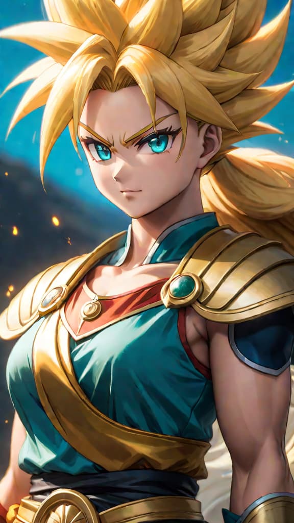  anime art: a saiyan warrior with golden hair and teal eyes achieves a legendary transformation. hyperrealistic, full body, detailed clothing, highly detailed, cinematic lighting, stunningly beautiful, intricate, sharp focus, f/1. 8, 85mm, (centered image composition), (professionally color graded), ((bright soft diffused light)), volumetric fog, trending on instagram, trending on tumblr, HDR 4K, 8K