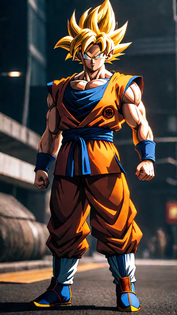  anime art: goku from dragon ball z, constantly evolving strength after battles to face new challenges. hyperrealistic, full body, detailed clothing, highly detailed, cinematic lighting, stunningly beautiful, intricate, sharp focus, f/1. 8, 85mm, (centered image composition), (professionally color graded), ((bright soft diffused light)), volumetric fog, trending on instagram, trending on tumblr, HDR 4K, 8K