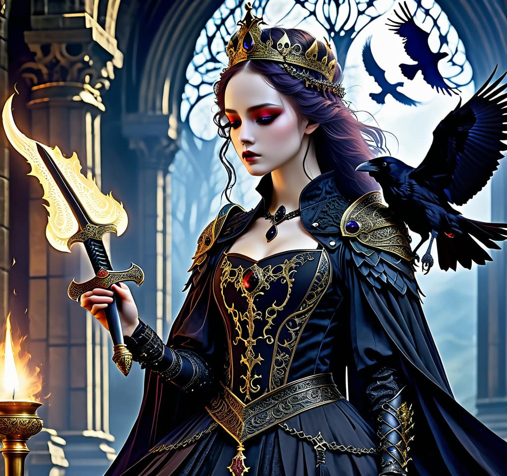  gothic style i am the sword's dream, the farewell flame, the raven's food. ((and you will dance with me from now on)), the king's youngest son. (style):high quality, close up, fantasy, fairy tale, legend, scottish mythology. . dark, mysterious, haunting, dramatic, ornate, detailed, civitai, hkmagic